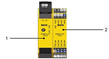 Figure 4. The Flexi Soft safety controller system consists of a CPU module (1) and one or more I/O modules (2). (Image source: SICK)