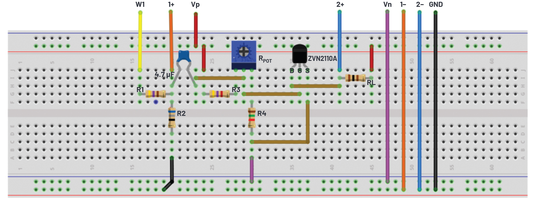 Figure 2. NMOS diode breadboard circuit