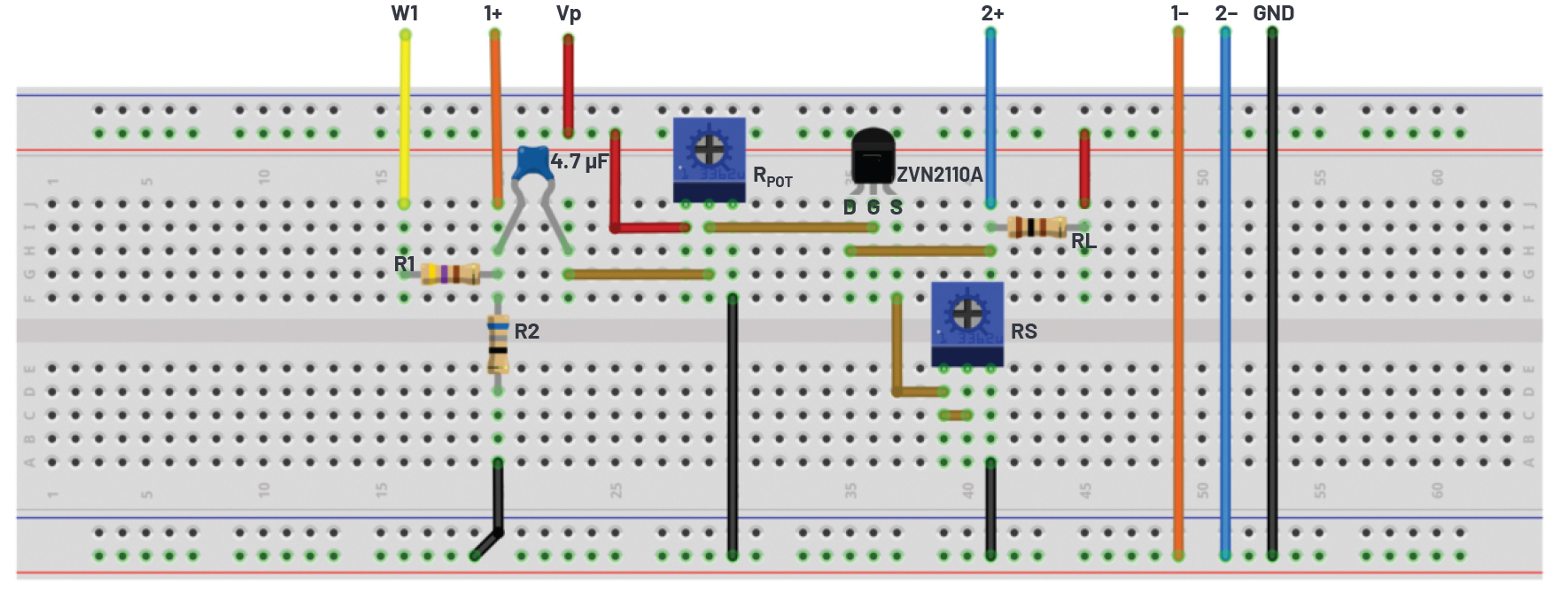 Figure 5. Source degeneration added to a breadboard connection