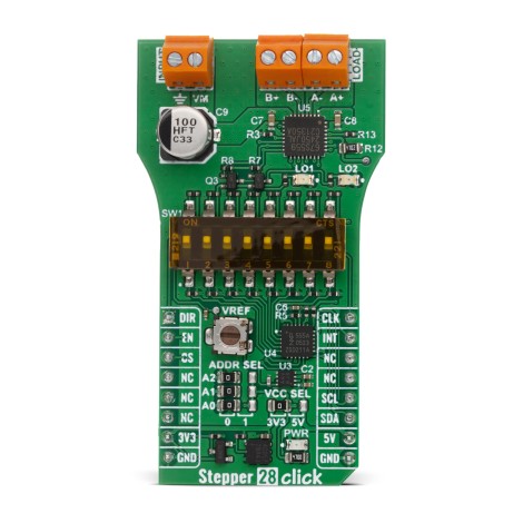 Embedded solutions specialist MIKROE has expanded its range of motor control boards with the launch of Stepper 28 Click, a compact add-on development board offering precise control for 2-phase bipolar stepper motors.