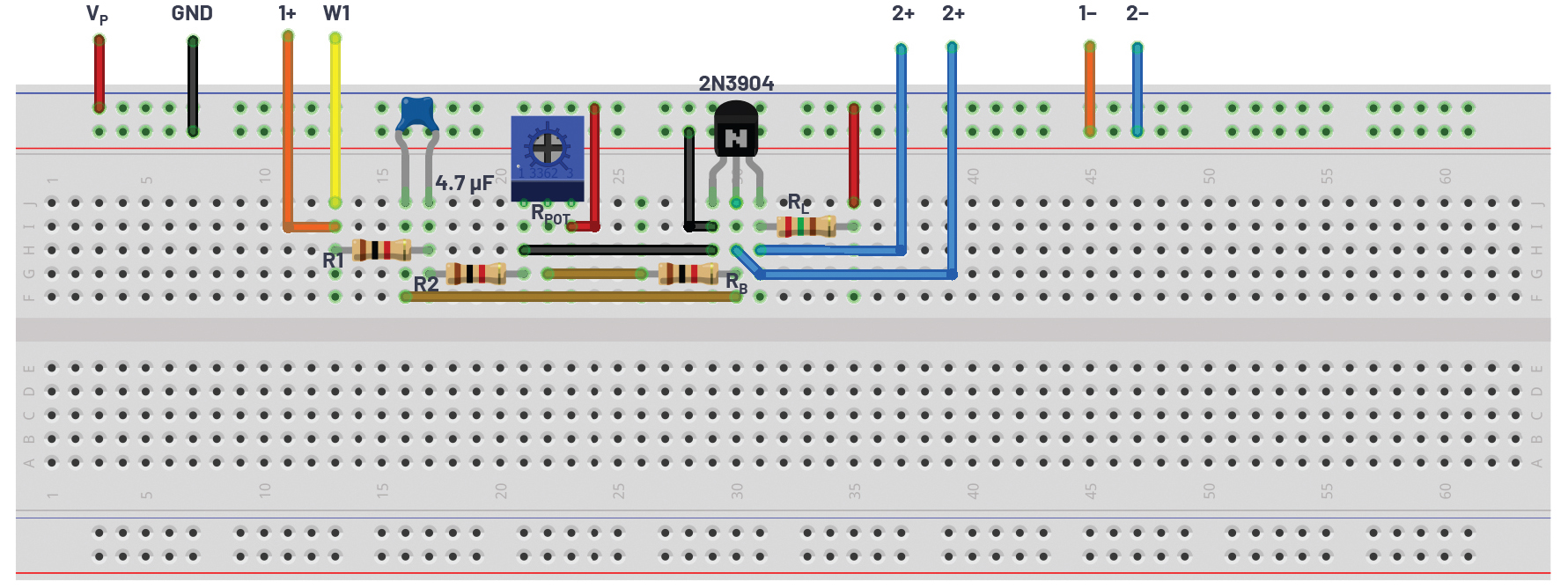 Common emitter amplifier test configuration breadboard connection