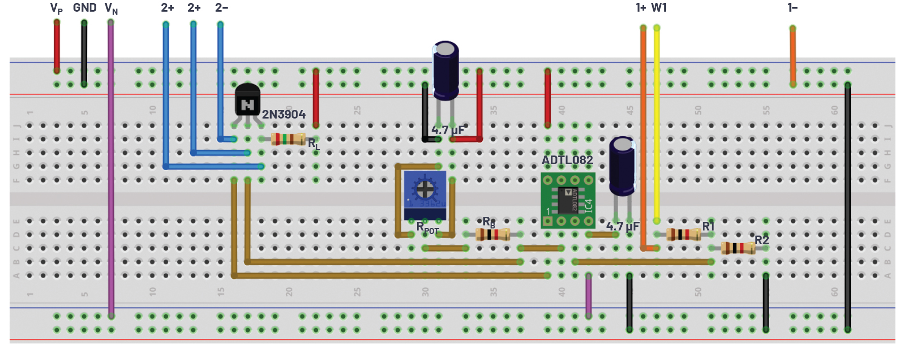 Alternate common emitter amplifier test configuration breadboard connection