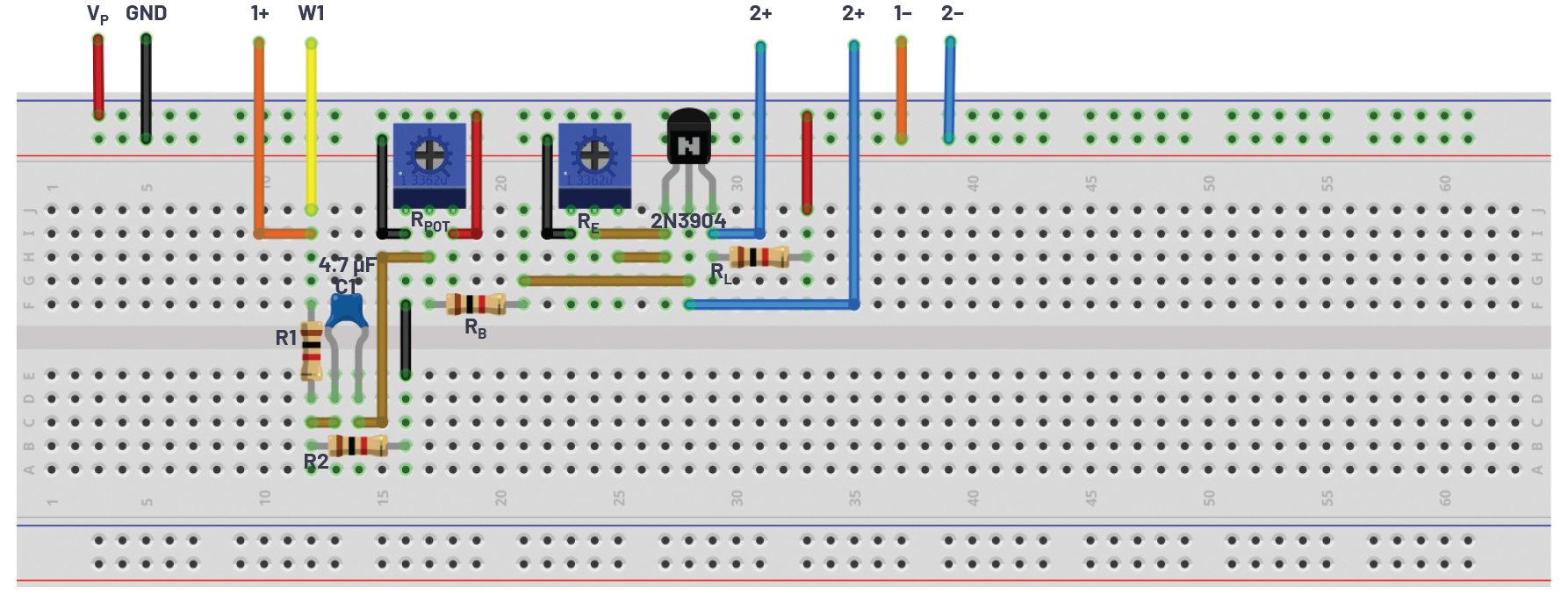 Emitter degeneration added breadboard connection
