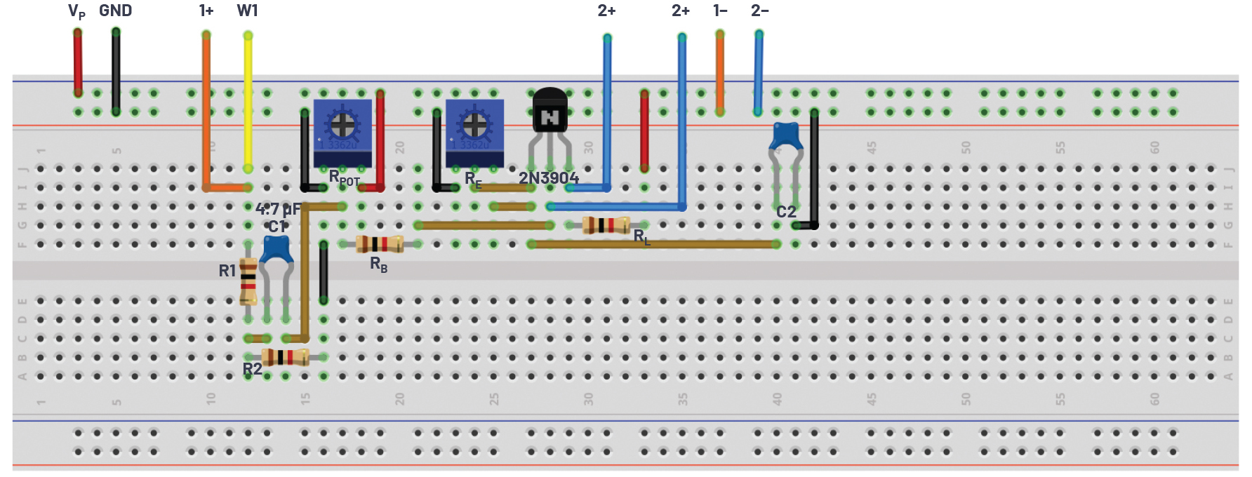 Breadboard connection with C2 added to increase the AC gain