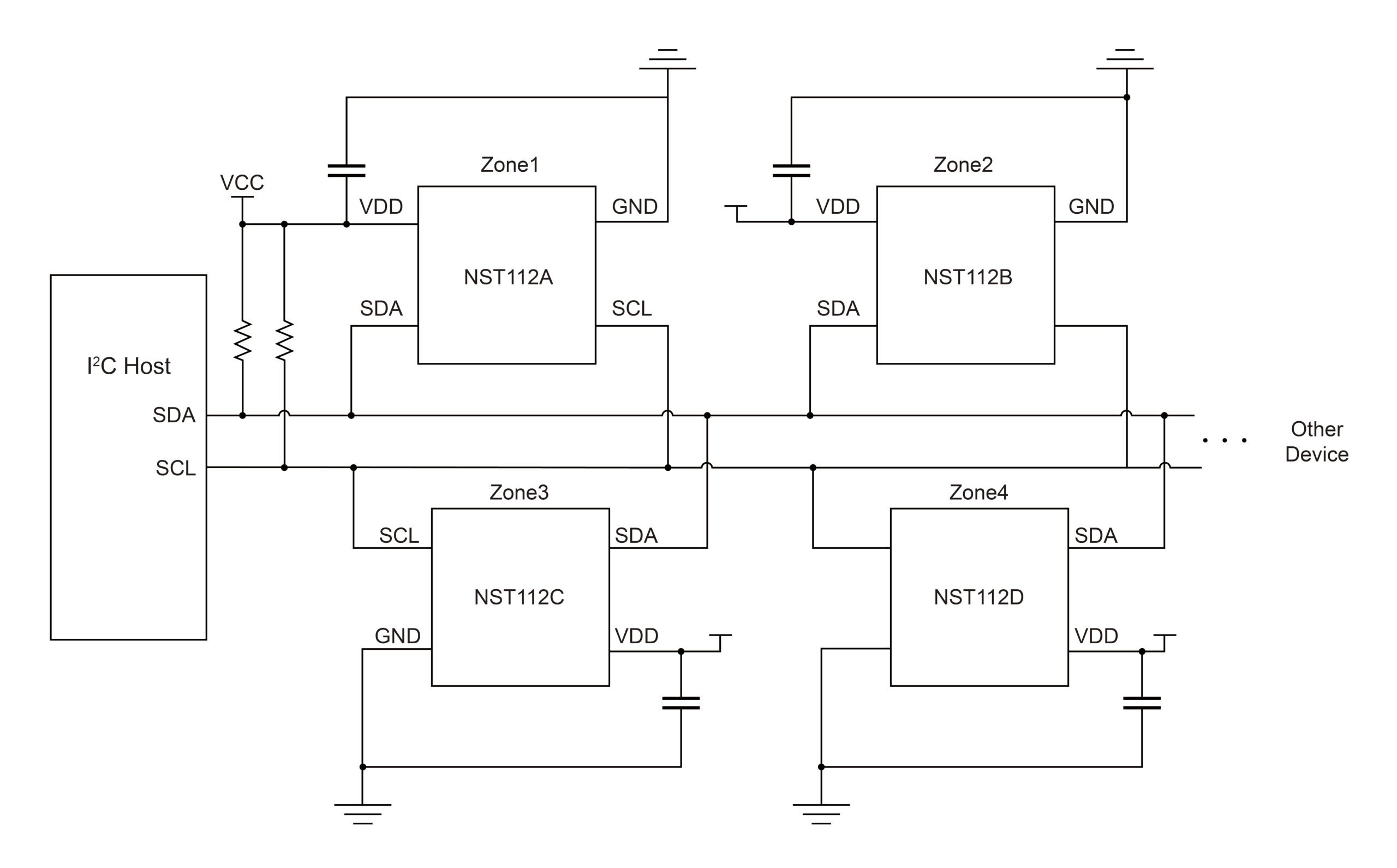 Figure 3: Typical application of NST112x. The temperature sensor operates without external components, except pull-up resistors for SCL, SDA, ALERT, and a recommended 0.01μF bypass capacitor. Its thermal path includes the package leads and plastic housing. 