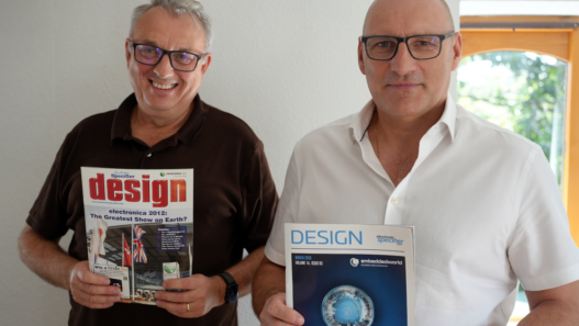 Tim Anstee (left), COO of Electronic Specifier, and Steve Regnier (right) CEO of Electronic Specifier holding an old and new issue of Electronic Specifier Design Magazine