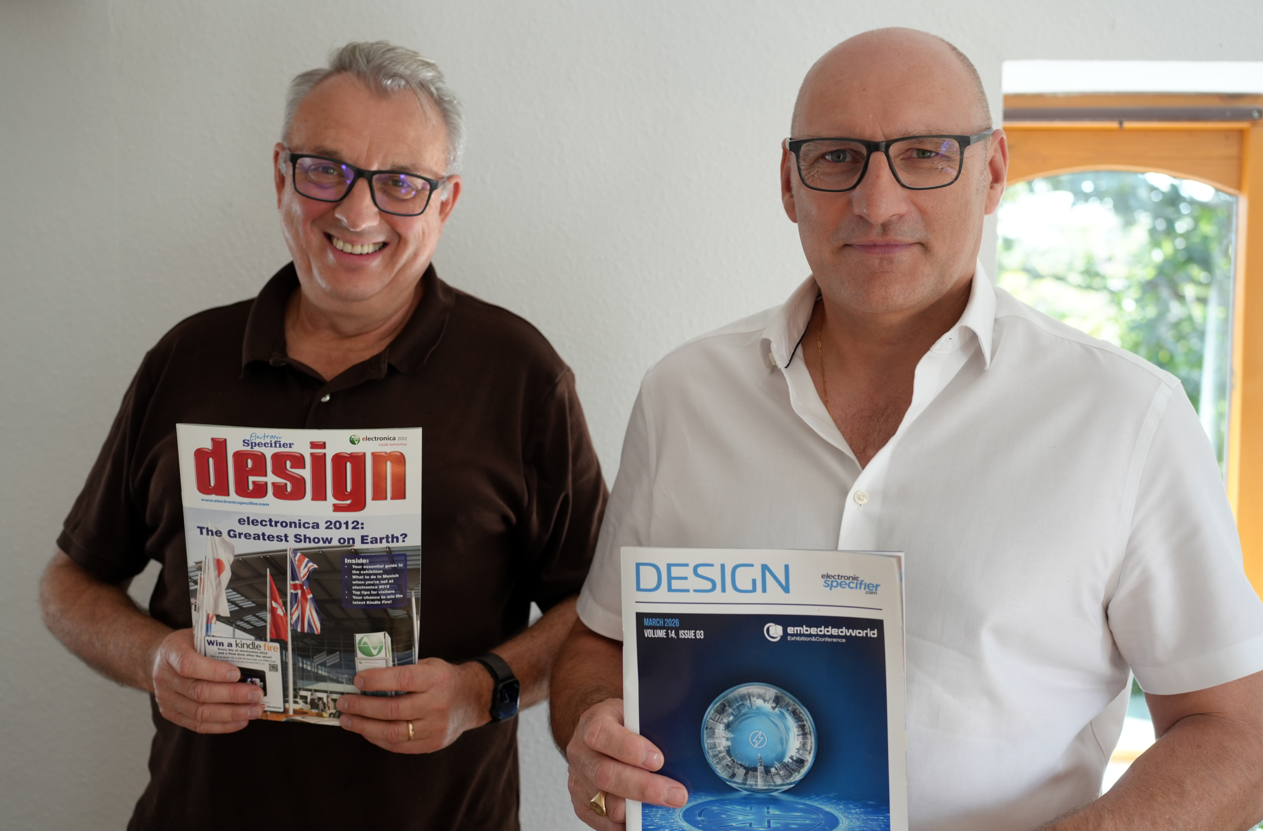Tim Anstee (left), COO of Electronic Specifier, and Steve Regnier (right) CEO of Electronic Specifier holding an old and new issue of Electronic Specifier Design Magazine