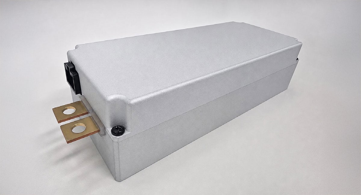 Figure 2: to fit inside the car battery pack, the system form factor had to be extremely small. The INFAC system is 215 x 45 x 82mm (W/D/H). The volume is 793cm3 and it weighs approximately 1.5kg